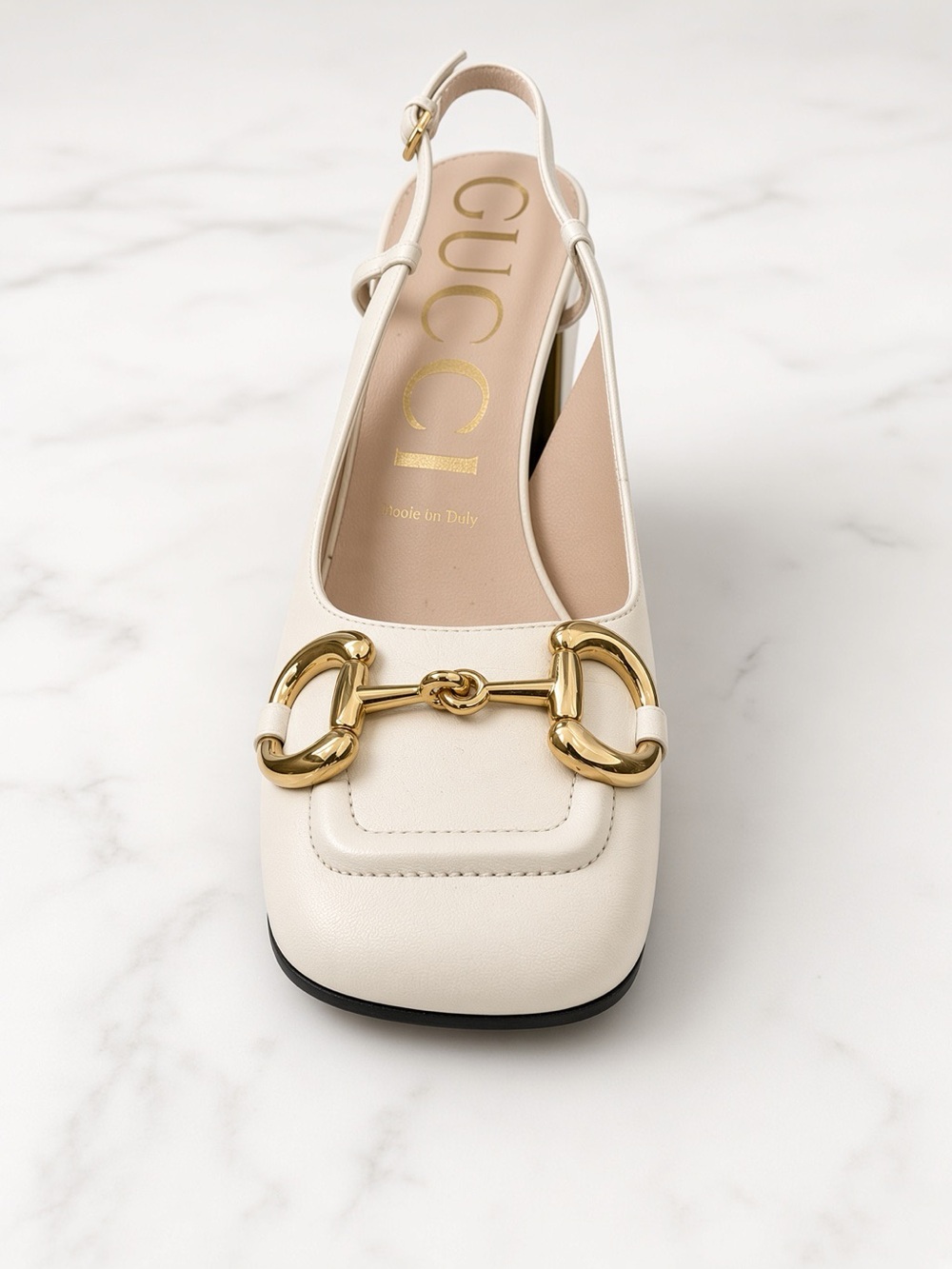 Gucci Cream Leather Slingback Block Heels with Gold Hardware - Picture 2 of 5